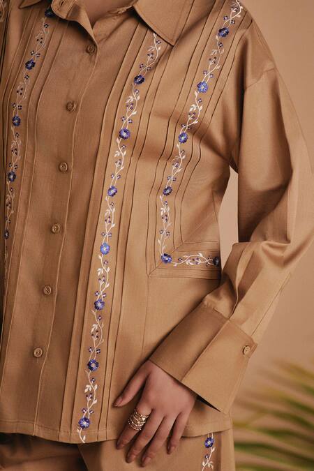 Buy Origani Brown Cotton Satin Embroidery Collared Pintuck Shirt Online at Aza Fashions Buy_Origani_Brown Cotton Satin Embroidery Collared Pintuck Shirt _Online_at_Aza_Fashions