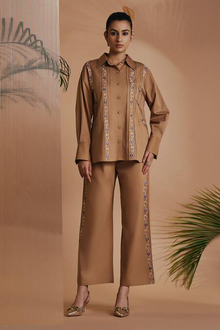 Shop Origani Brown Cotton Satin Embroidery Collared Pintuck Shirt Online at Aza Fashions Shop_Origani_Brown Cotton Satin Embroidery Collared Pintuck Shirt _Online_at_Aza_Fashions