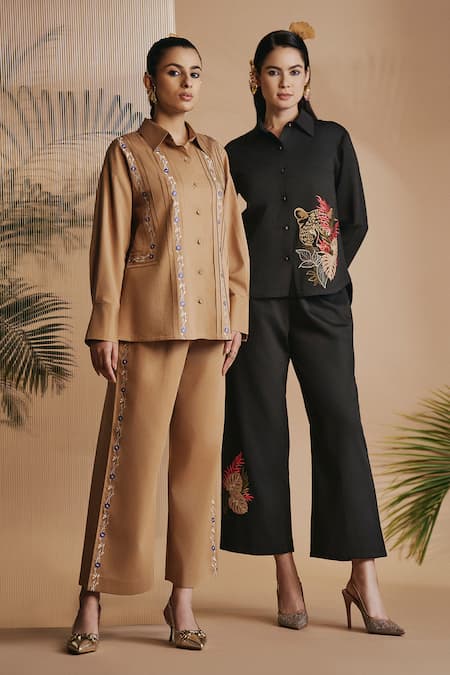 Origani Brown Cotton Satin Embroidery Collared Pintuck Shirt at Aza Fashions Origani_Brown Cotton Satin Embroidery Collared Pintuck Shirt _at_Aza_Fashions