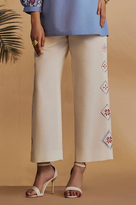 Buy_ORIGANI_Blue Linen Embroidery Round Neck And Ivory Pant Set _Online_at_Aza_Fashions
