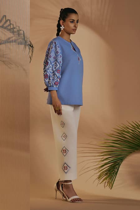 Shop_ORIGANI_Blue Linen Embroidery Round Neck And Ivory Pant Set _Online_at_Aza_Fashions