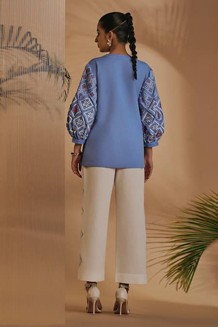 ORIGANI_Blue Linen Embroidery Round Neck And Ivory Pant Set _Online_at_Aza_Fashions