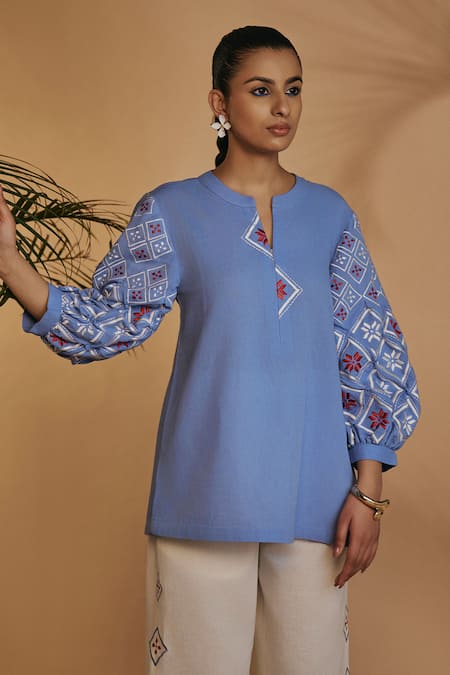 ORIGANI_Blue Linen Embroidery Round Neck And Ivory Pant Set _at_Aza_Fashions