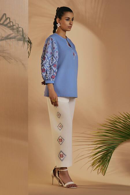 Buy Origani Blue Linen Embroidery Round Neck Sleeve Top Online at Aza Fashions Buy_Origani_Blue Linen Embroidery Round Neck Sleeve Top _Online_at_Aza_Fashions