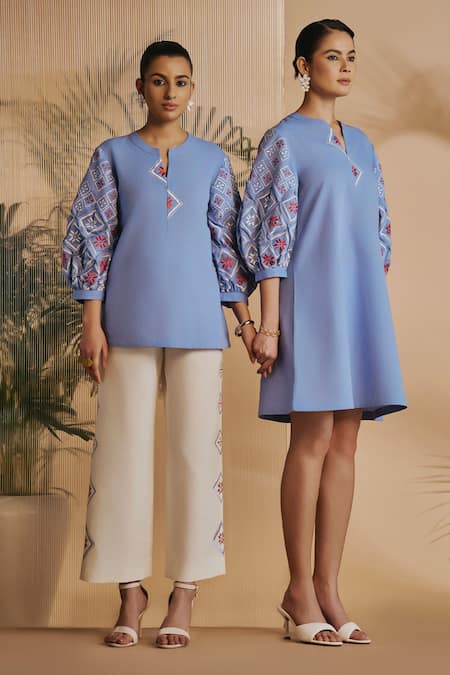Shop Origani Blue Linen Embroidery Round Neck Sleeve Top Online at Aza Fashions Shop_Origani_Blue Linen Embroidery Round Neck Sleeve Top _Online_at_Aza_Fashions