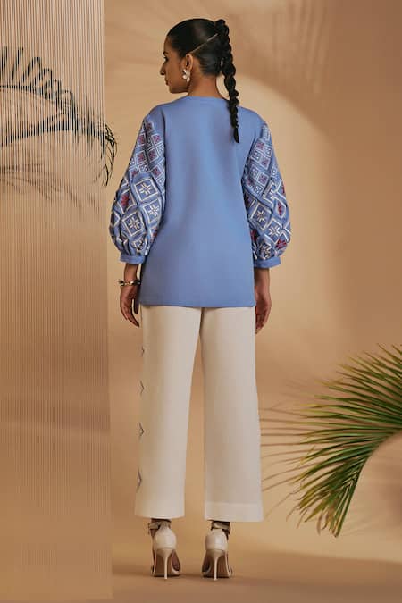 Origani Blue Linen Embroidery Round Neck Sleeve Top Online at Aza Fashions Origani_Blue Linen Embroidery Round Neck Sleeve Top _Online_at_Aza_Fashions