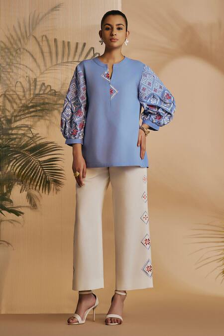 Origani Blue Linen Embroidery Round Neck Sleeve Top at Aza Fashions Origani_Blue Linen Embroidery Round Neck Sleeve Top _at_Aza_Fashions