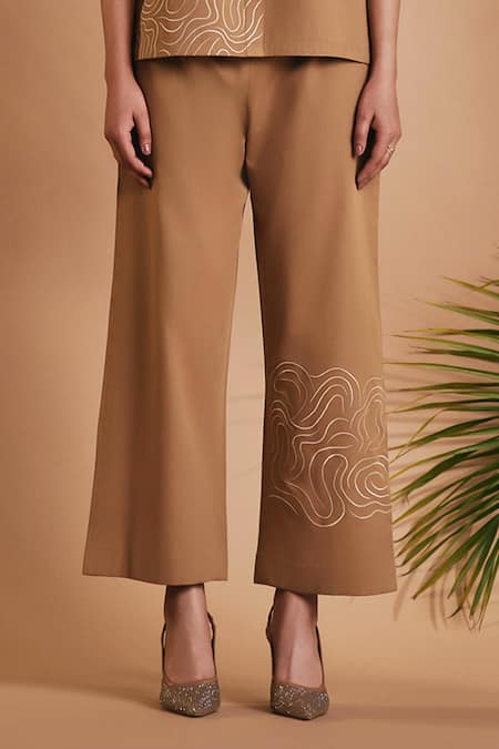 Origani_Brown Cotton Satin Embroidery Mandarin Collar Kimono Co-ord Set _Online_at_Aza_Fashions