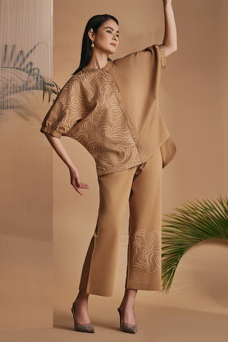 Shop_Origani_Brown Cotton Satin Embroidery Mandarin Collar Kimono Co-ord Set _Online_at_Aza_Fashions