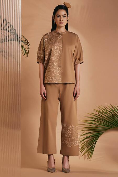 Buy Origani Brown Cotton Satin Embroidery Mandarin Collar Loose-fit Kimono Style Shirt Online at Aza Fashions Buy_Origani_Brown Cotton Satin Embroidery Mandarin Collar Loose-fit Kimono Style Shirt _Online_at_Aza_Fashions