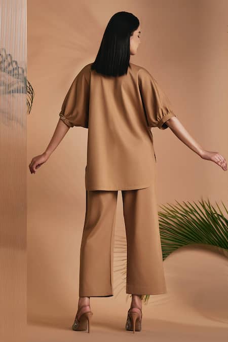 Shop Origani Brown Cotton Satin Embroidery Mandarin Collar Loose-fit Kimono Style Shirt at Aza Fashions Shop_Origani_Brown Cotton Satin Embroidery Mandarin Collar Loose-fit Kimono Style Shirt _at_Aza_Fashions