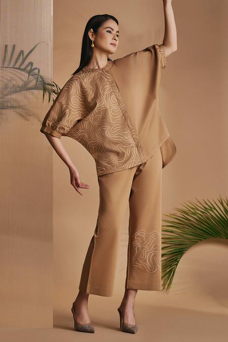 Shop Origani Brown Cotton Satin Embroidery Mandarin Collar Loose-fit Kimono Style Shirt Online at Aza Fashions Shop_Origani_Brown Cotton Satin Embroidery Mandarin Collar Loose-fit Kimono Style Shirt _Online_at_Aza_Fashions