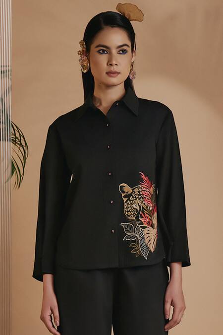 Shop Origani Black Cotton Satin Embroidery Collared Shirt And Pant Set Online at Aza Fashions Shop_Origani_Black Cotton Satin Embroidery Collared Shirt And Pant Set _Online_at_Aza_Fashions