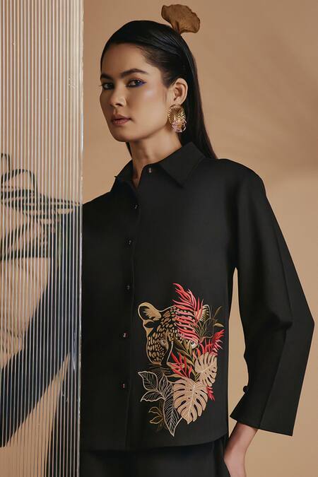 Buy Origani Black Cotton Satin Embroidery Collared Shirt And Pant Set Buy_Origani_Black Cotton Satin Embroidery Collared Shirt And Pant Set