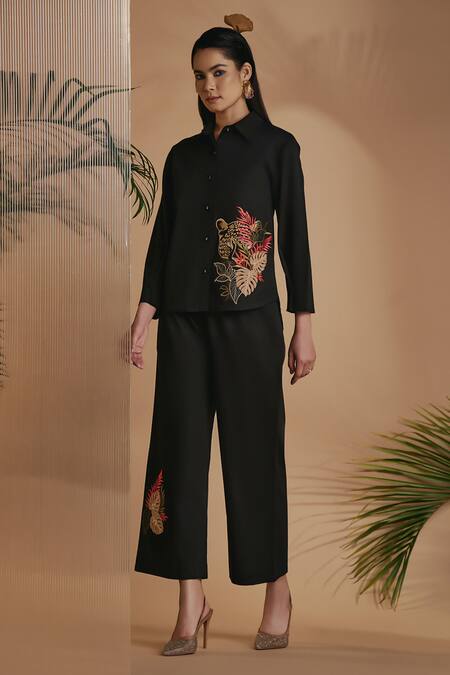 Shop Origani Black Cotton Satin Embroidery Collared Shirt And Pant Set Shop_Origani_Black Cotton Satin Embroidery Collared Shirt And Pant Set