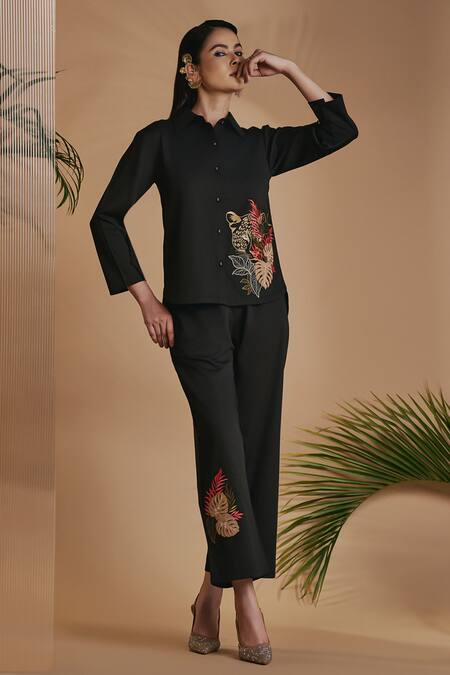 Buy Origani Black Cotton Satin Embroidery Collared Drop-shoulder Shirt Online at Aza Fashions Buy_Origani_Black Cotton Satin Embroidery Collared Drop-shoulder Shirt _Online_at_Aza_Fashions