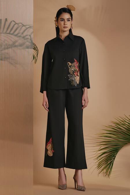 Shop Origani Black Cotton Satin Embroidery Collared Drop-shoulder Shirt Online at Aza Fashions Shop_Origani_Black Cotton Satin Embroidery Collared Drop-shoulder Shirt _Online_at_Aza_Fashions