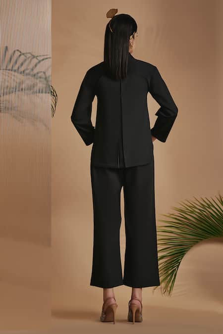 Origani Black Cotton Satin Embroidery Collared Drop-shoulder Shirt Online at Aza Fashions Origani_Black Cotton Satin Embroidery Collared Drop-shoulder Shirt _Online_at_Aza_Fashions