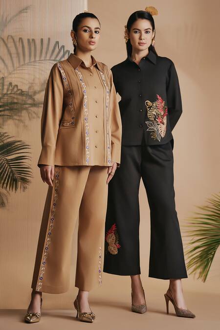 Origani Black Cotton Satin Embroidery Collared Drop-shoulder Shirt at Aza Fashions Origani_Black Cotton Satin Embroidery Collared Drop-shoulder Shirt _at_Aza_Fashions