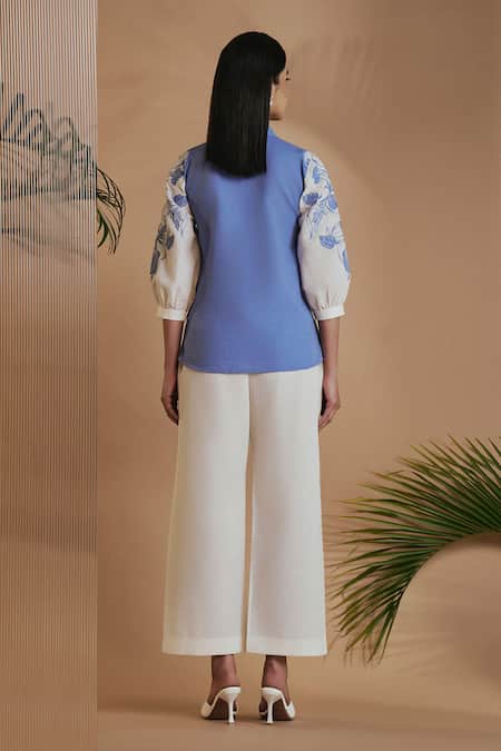 Origani_Blue Linen Applique, Embroidery Collared And Ivory Pant Set _Online_at_Aza_Fashions