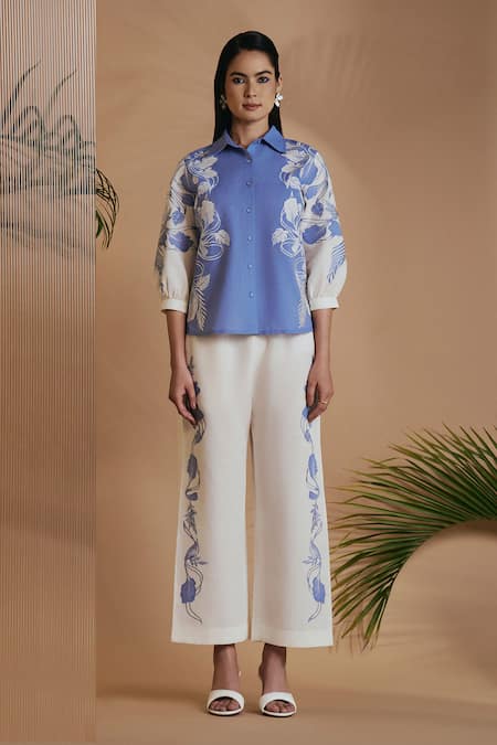 Buy_Origani_Blue Linen Applique, Embroidery Collared And Ivory Pant Set _Online_at_Aza_Fashions