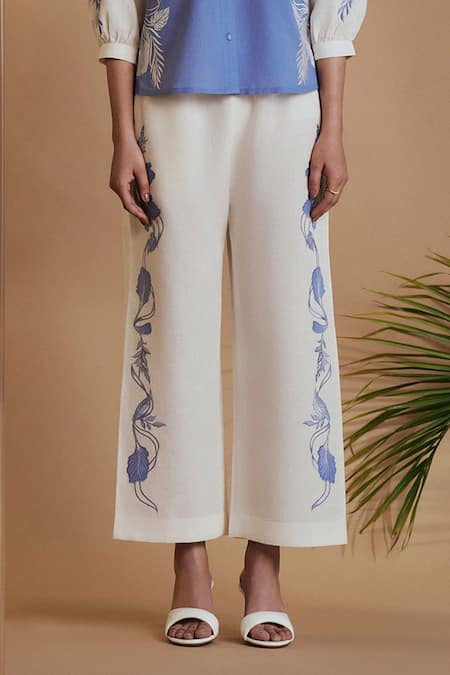 Shop_Origani_Blue Linen Applique, Embroidery Collared And Ivory Pant Set _Online_at_Aza_Fashions