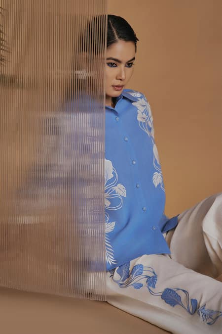 Origani_Blue Linen Applique, Embroidery Collared And Ivory Pant Set _at_Aza_Fashions