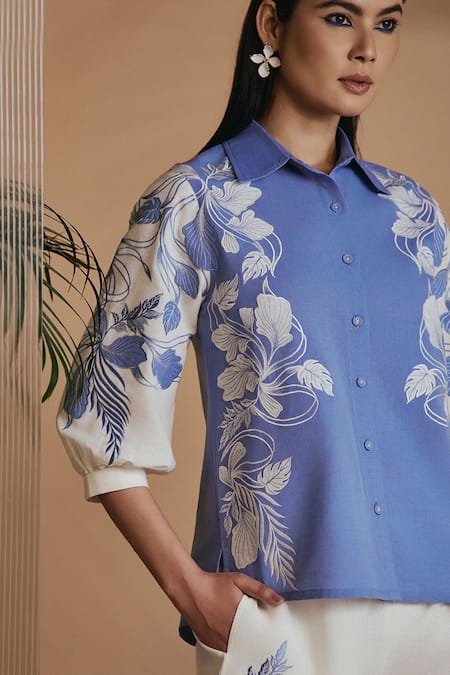 Buy_Origani_Blue Linen Applique, Embroidery Collared And Ivory Pant Set 
