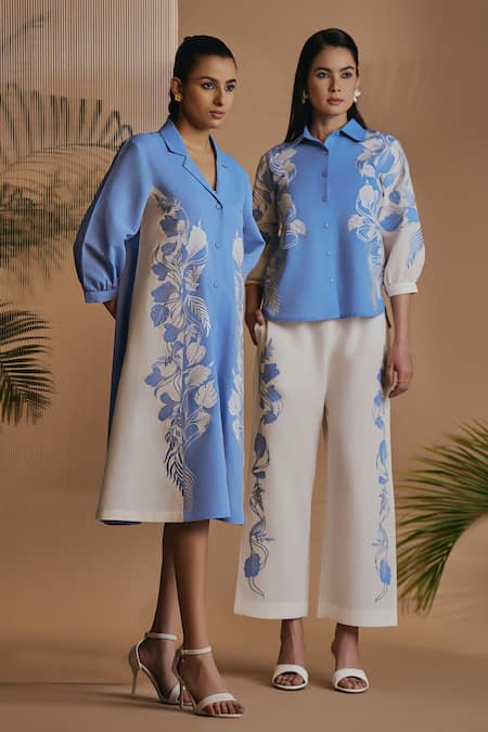 Shop_Origani_Blue Linen Applique, Embroidery Collared And Ivory Pant Set 