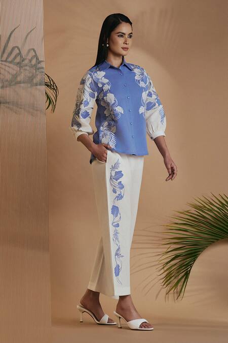 Origani Blue Linen Embroidery, Applique Collared Shirt Online at Aza Fashions Origani_Blue Linen Embroidery, Applique Collared Shirt _Online_at_Aza_Fashions