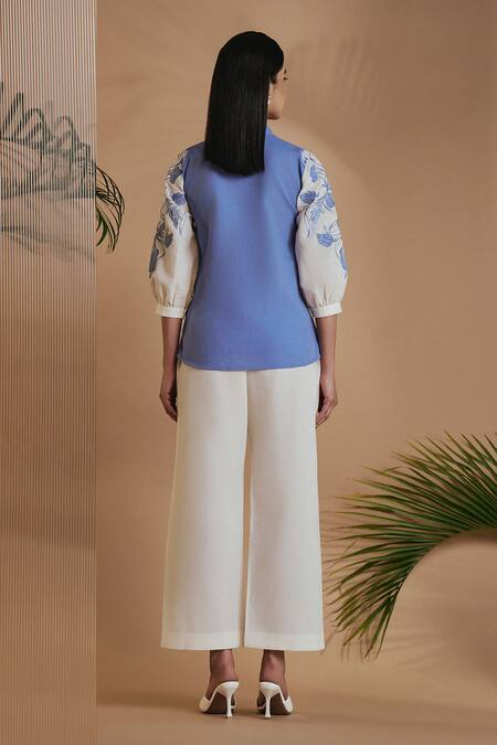 Shop Origani Blue Linen Embroidery, Applique Collared Shirt at Aza Fashions Shop_Origani_Blue Linen Embroidery, Applique Collared Shirt _at_Aza_Fashions