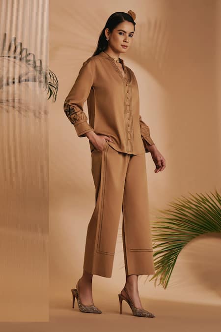 Buy_Origani_Brown Cotton Satin Embroidery Collared Co-ord Set _Online_at_Aza_Fashions