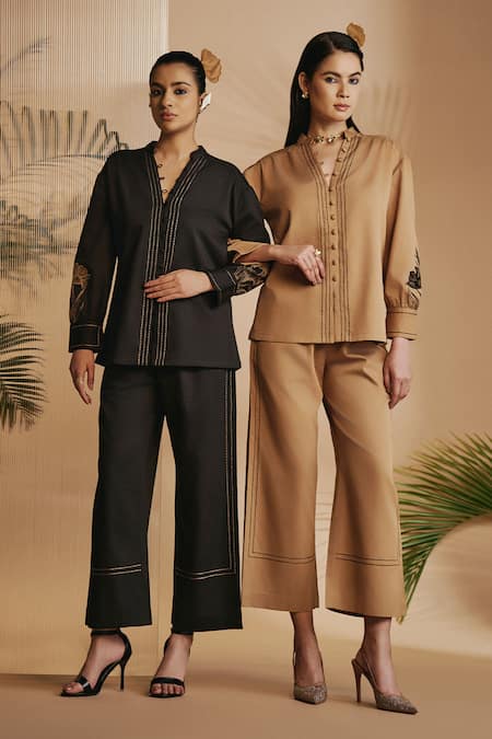 Shop_Origani_Brown Cotton Satin Embroidery Collared Co-ord Set _Online_at_Aza_Fashions