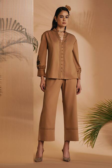 Shop Origani Brown Cotton Satin Embroidery Mandarin Collar Shirt Online at Aza Fashions Shop_Origani_Brown Cotton Satin Embroidery Mandarin Collar Shirt _Online_at_Aza_Fashions
