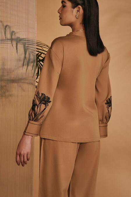 Origani Brown Cotton Satin Embroidery Mandarin Collar Shirt at Aza Fashions Origani_Brown Cotton Satin Embroidery Mandarin Collar Shirt _at_Aza_Fashions
