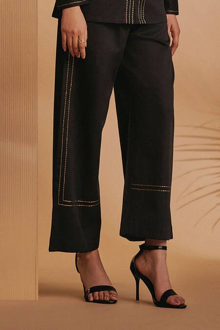 Buy Origani Black Cotton Satin Embroidery V-neck Co-ord Set Online at Aza Fashions Buy_Origani_Black Cotton Satin Embroidery V-neck Co-ord Set _Online_at_Aza_Fashions