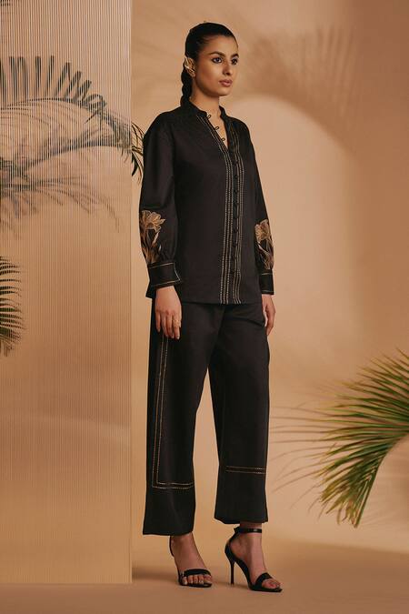 Origani Black Cotton Satin Embroidery V-neck Co-ord Set at Aza Fashions Origani_Black Cotton Satin Embroidery V-neck Co-ord Set _at_Aza_Fashions