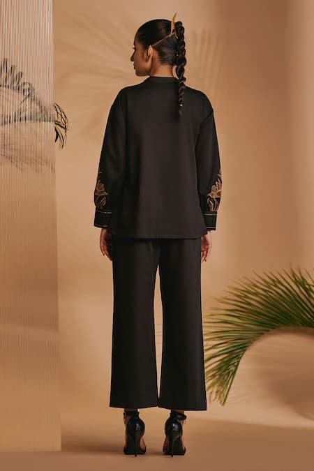 Origani_Black Cotton Satin Embroidery V-neck Shirt _Online_at_Aza_Fashions
