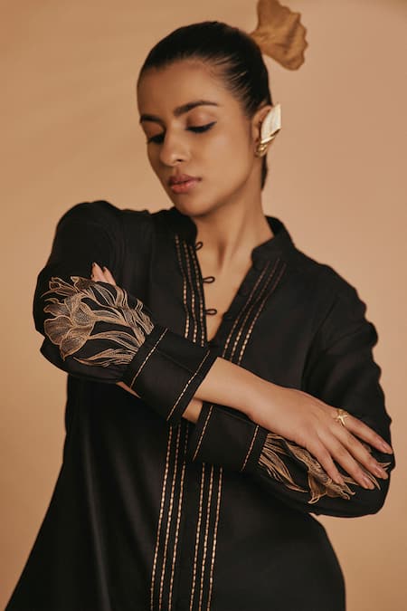 Buy_Origani_Black Cotton Satin Embroidery V-neck Shirt _Online_at_Aza_Fashions