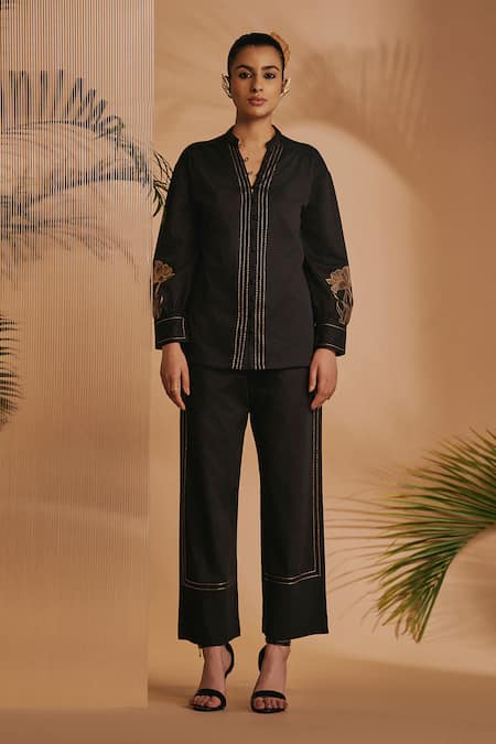 Shop_Origani_Black Cotton Satin Embroidery V-neck Shirt _Online_at_Aza_Fashions