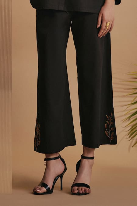 Origani_Black Cotton Satin Embroidery Collared Co-ord Set _Online_at_Aza_Fashions