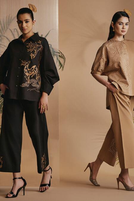 Buy_Origani_Black Cotton Satin Embroidery Collared Co-ord Set _Online_at_Aza_Fashions
