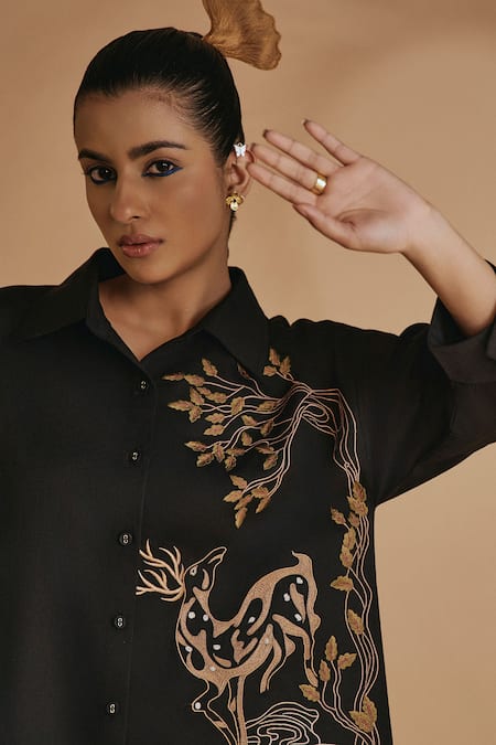 Shop_Origani_Black Cotton Satin Embroidery Collared Co-ord Set _Online_at_Aza_Fashions