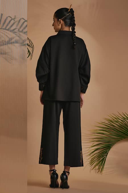 Shop_Origani_Black Cotton Satin Embroidery Collared Co-ord Set _at_Aza_Fashions