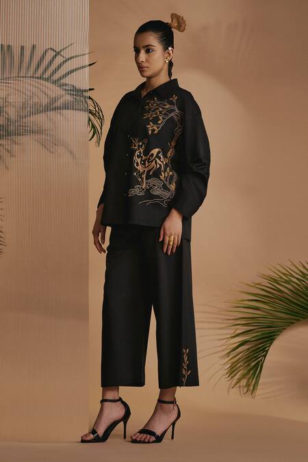 Origani_Black Cotton Satin Embroidery Collared Co-ord Set _at_Aza_Fashions