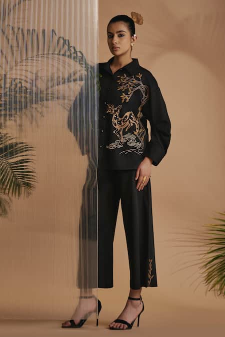 Buy_Origani_Black Cotton Satin Embroidery Collared Co-ord Set 