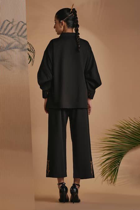 Origani Black Cotton Satin Embroidery Collared Resham Drop-shoulder Shirt Online at Aza Fashions Origani_Black Cotton Satin Embroidery Collared Resham Drop-shoulder Shirt _Online_at_Aza_Fashions