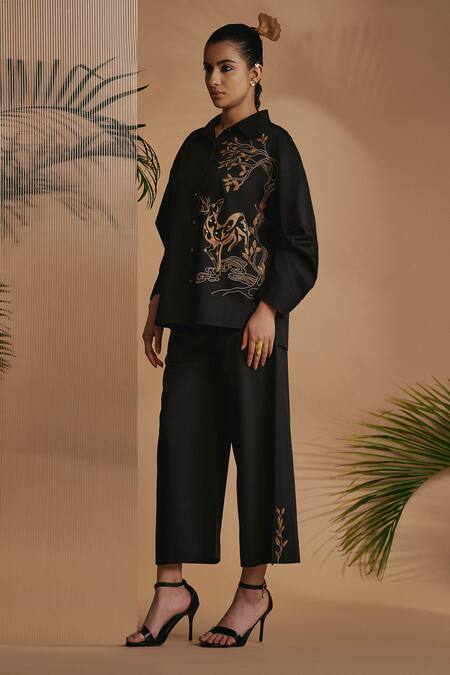 Buy Origani Black Cotton Satin Embroidery Collared Resham Drop-shoulder Shirt Online at Aza Fashions Buy_Origani_Black Cotton Satin Embroidery Collared Resham Drop-shoulder Shirt _Online_at_Aza_Fashions