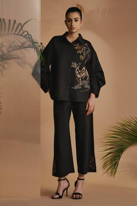 Origani Black Cotton Satin Embroidery Collared Resham Drop-shoulder Shirt at Aza Fashions Origani_Black Cotton Satin Embroidery Collared Resham Drop-shoulder Shirt _at_Aza_Fashions