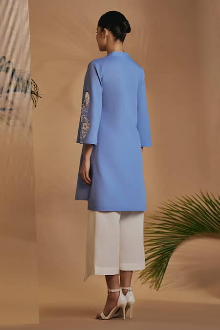 Origani Blue Linen Embroidery Mandarin Collar Co-ord Set Online at Aza Fashions Origani_Blue Linen Embroidery Mandarin Collar Co-ord Set _Online_at_Aza_Fashions